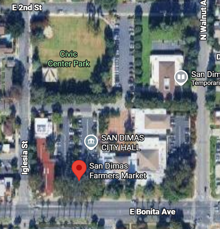 Aerial map of the San Dimas Civic Center. Vendor rows sit in the City Hall parking lot between City Hall and Civic Center Park, west of Walnut Avenue and north of Bonita Avenue.