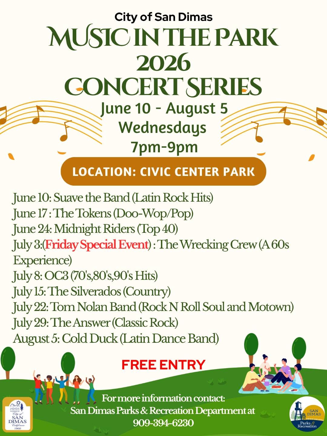 City of San Dimas Music in the Park 2026 concert series flyer, June 10 through August 5