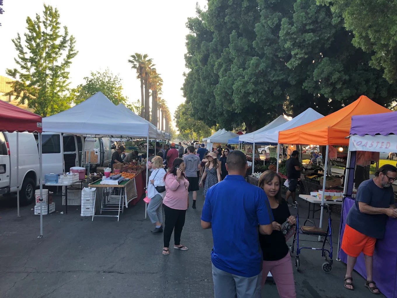 Produce tents and shoppers in the market aisle